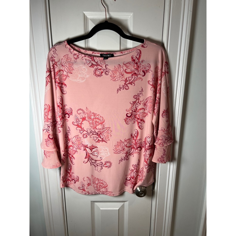 Roz & Ali Pink Floral Paisley Ruffle Sleeve Blouse Small Mesh Trim Knit Top